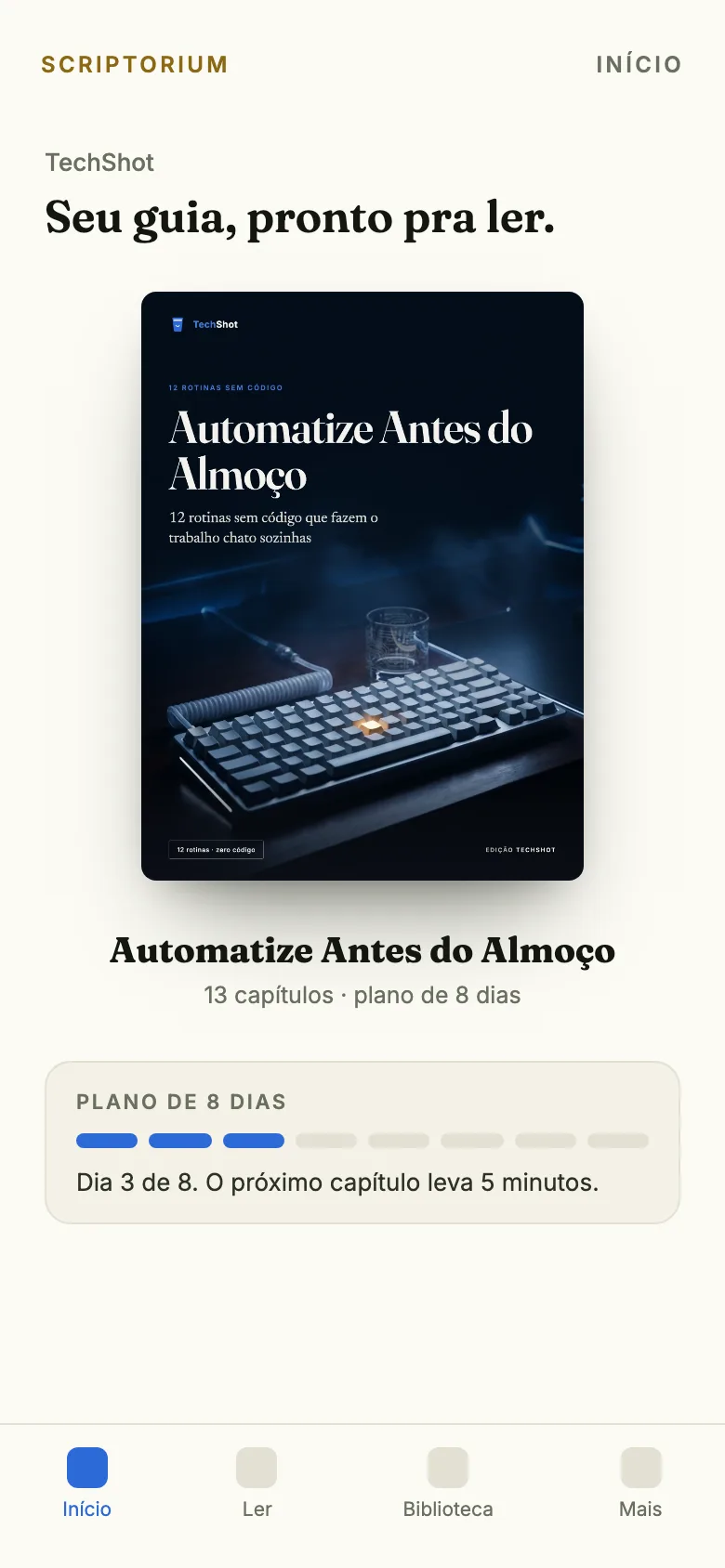 O guia Automatize Antes do Almoço aberto no app