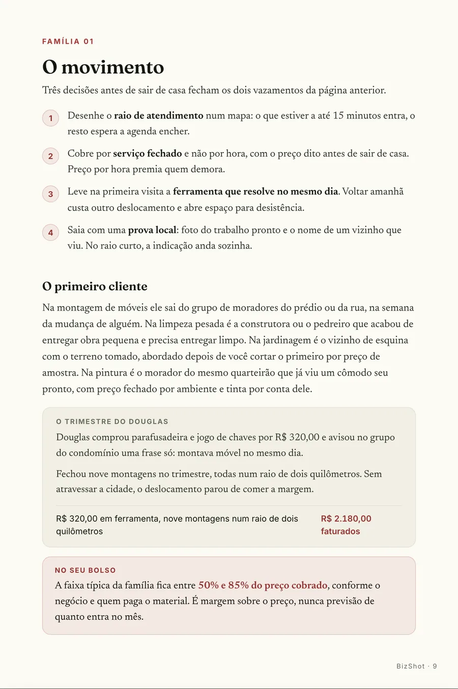 Passo a passo: O movimento: o preço fechado dito antes de sair de casa, e onde mora o primeiro cliente